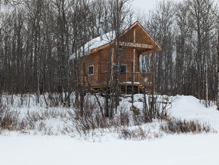 A solitary cabin surrounded by snow and trees, perfect for a quiet, peaceful winter getaway.