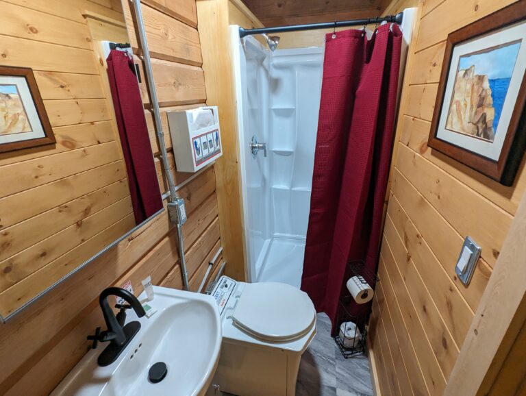 Bathroom with a white shower featuring built-in shelves and a red curtain. Wood-paneled walls create a rustic feel. A sink and eco-friendly toilet complete the space.